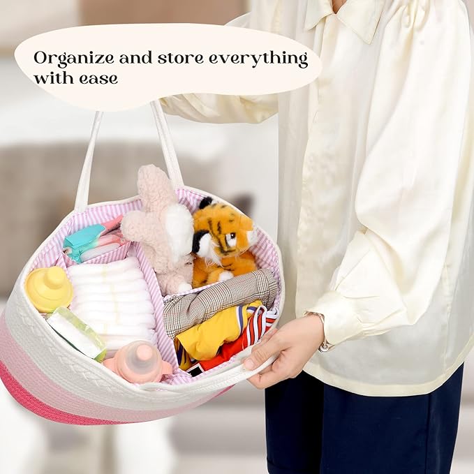 Baby Diaper Caddy Organizer, Extra Large Cotton Rope Nursery Diaper Basket - Image 7