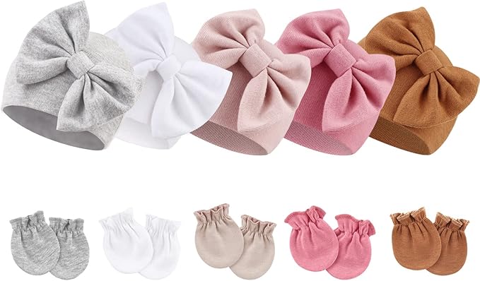 BQUBO Newborn Baby Girls Hats Mittens Set Hospital Hat Beanie Infant Bow Hats by DRESHOW