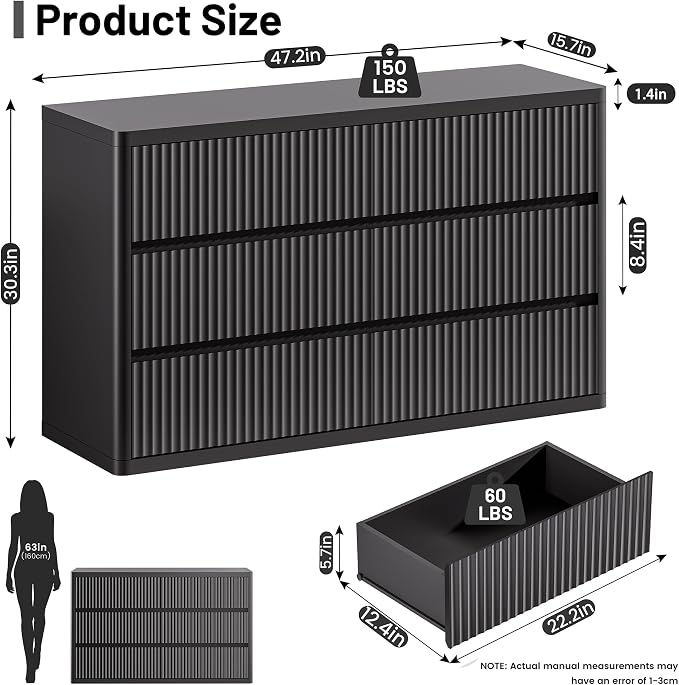 Black Dresser for Bedroom with 6 Double Drawers, Modern Fluted Dresser TV Stand - Image 2