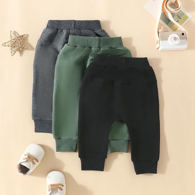 Sejardin Toddler Baby Boy Girl Pants 3 Pack Solid Color Elastic Waist Jogger - Image 3