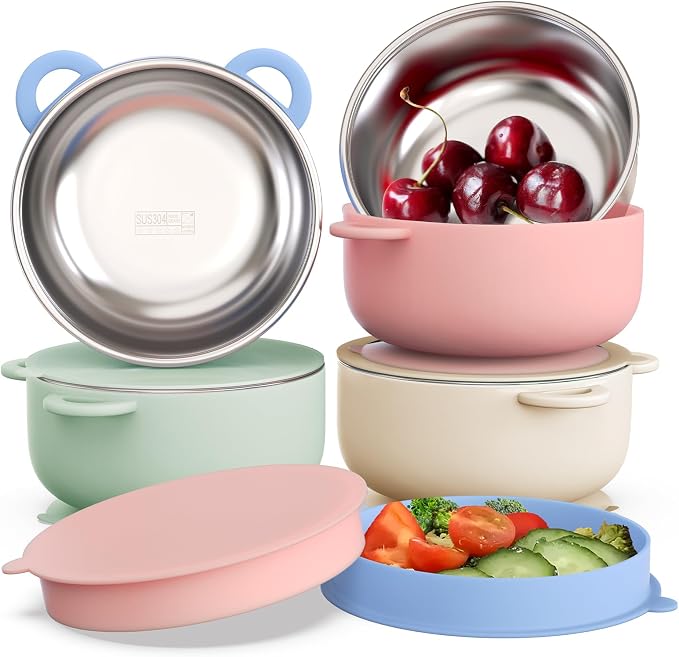 Baby Suction Bowls with Lids 4-Pack, 2-in-1 Stainless Steel 304 Toddler Bowl & by Bakpoco