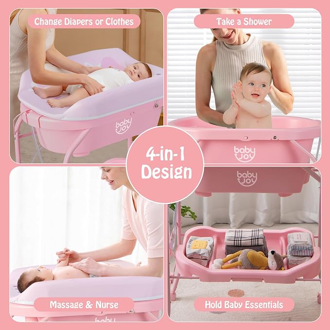 BABY JOY Baby Bathtub with Changing Table, Foldable Infant Diaper Changing - Image 2