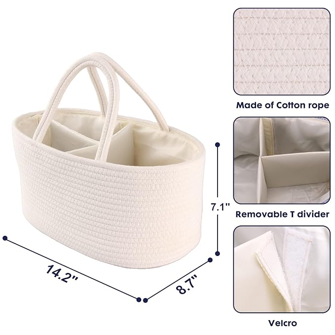 Baby Diaper Caddy Organizer for Girl Boy Cotton Rope Nursery Storage Bin Basket - Image 3