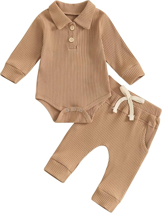 Newborn Baby Boy Girl Clothes Ribbed Knitted Long Sleeve Romper Pants Solid by MABABY