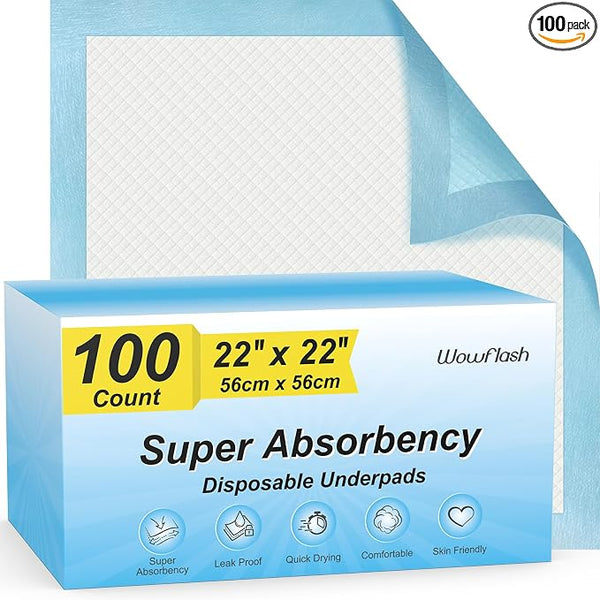 100 Count 22” x 22” Super Absorbency Disposable Underpads, Leakproof Quick by Wowflash