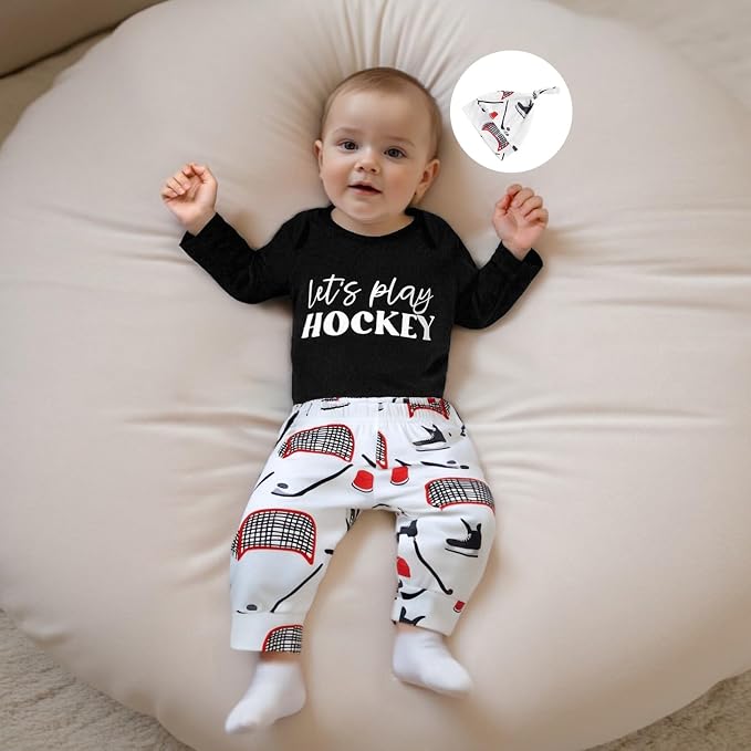 Baby Boy Hockey Outfit New Player in Town Long Sleeve Romper Long Pants Hat Set - Image 2