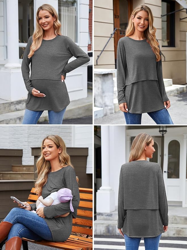 Ecavus Women's 3Pack Maternity Nursing Shirts Long Sleeve Double Layer - Image 5