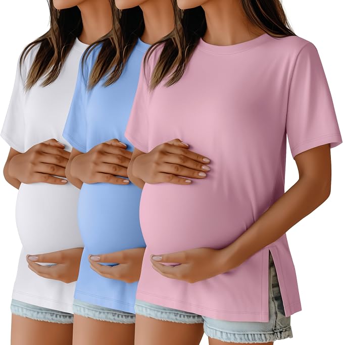 Ficerd 3 Pack Women's Maternity T Shirts, Short Sleeve Side Split Pregnancy by Ficerd