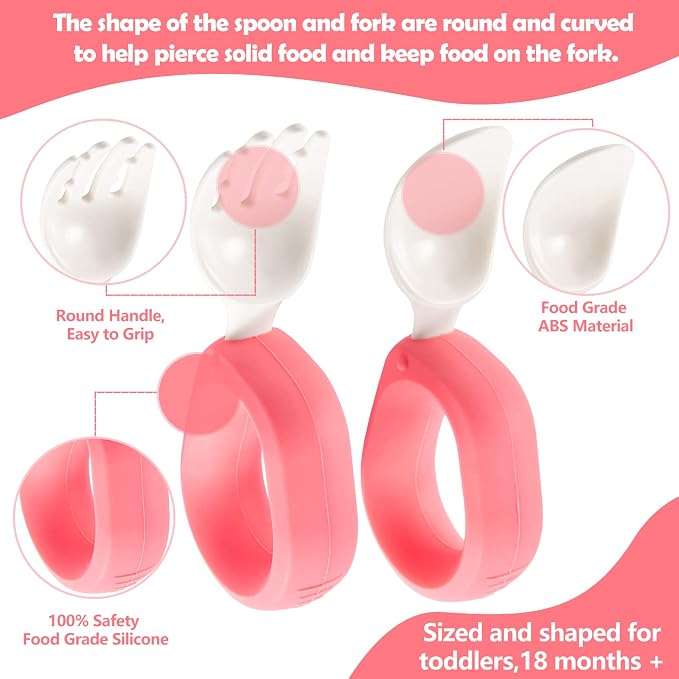 Training Spoon & Fork with Travel Case Pink | Toddler Self Feeding Utensil Set - Image 2