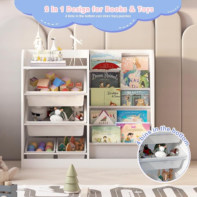 White Kids Wood Bookshelf Toy Storage Box Organizer Shelf W/4 Removable Plastic - Image 9