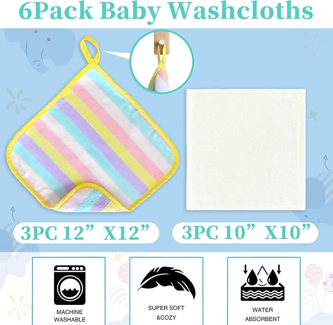 VOOVA & MOVAS 6 Pack 100% Cotton Baby Washcloths | 12x12 Inches | Highly - Image 3