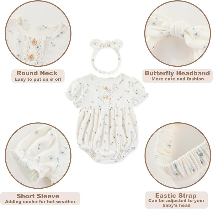 Newborn Baby Girl Clothes Cotton Bubble Romper Floral Short Sleeve Bodysuit 3 - Image 4