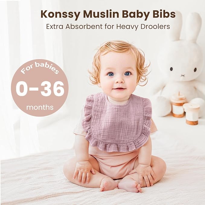 Konssy Muslin Baby Bibs for Girls – Soft 100% Cotton Drool Bibs, Ruffle Trim - Image 2