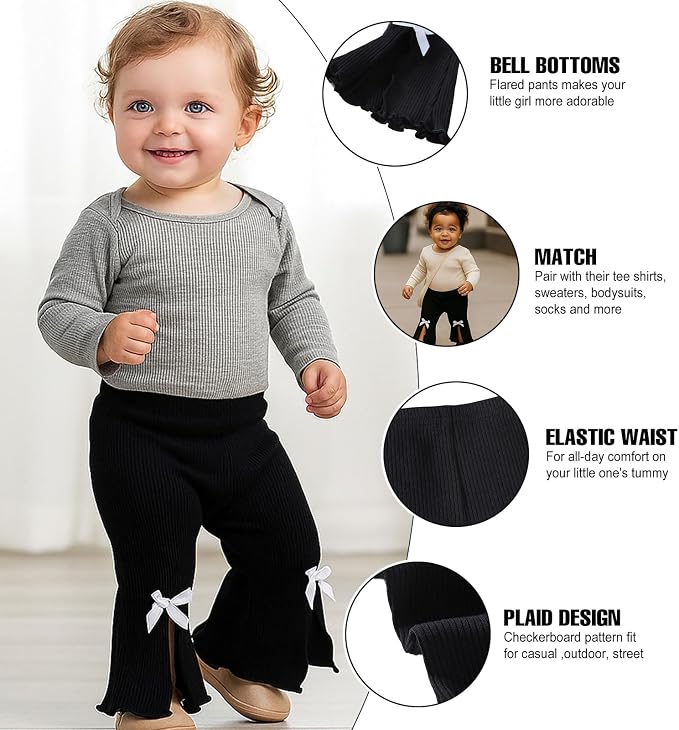 SOBOWO Baby Girl Flare Pants 3 Pack Toddler Solid Ribbed Ruffle Bell Bottoms - Image 2