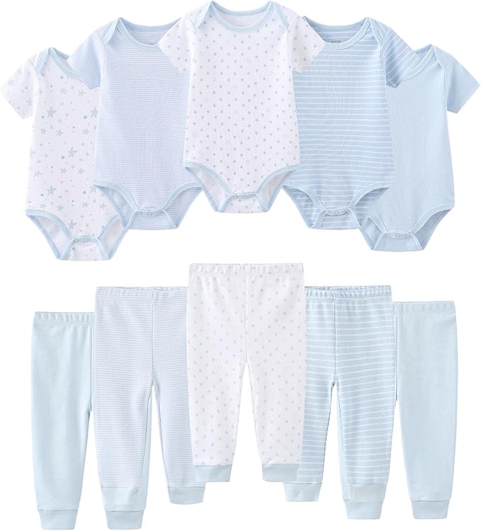 Baby Bodysuit and Pant Set 10-pcs Cotton Soft Newborn Boy Girl Clothes Outfits by Ruliby