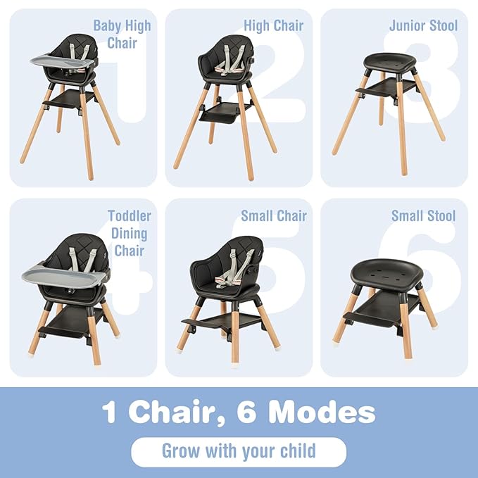 BABY JOY Baby High Chair, 6 in 1 Convertible Wooden High Chair - Image 2