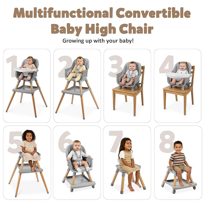 8 in 1 Wooden High Chairs for Babies Toddlers, Convertible to Booster Seat - Image 2