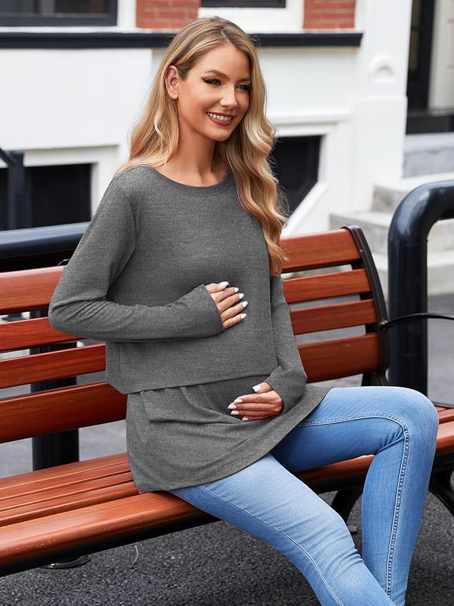Ecavus Women's 3Pack Maternity Nursing Shirts Long Sleeve Double Layer - Image 2
