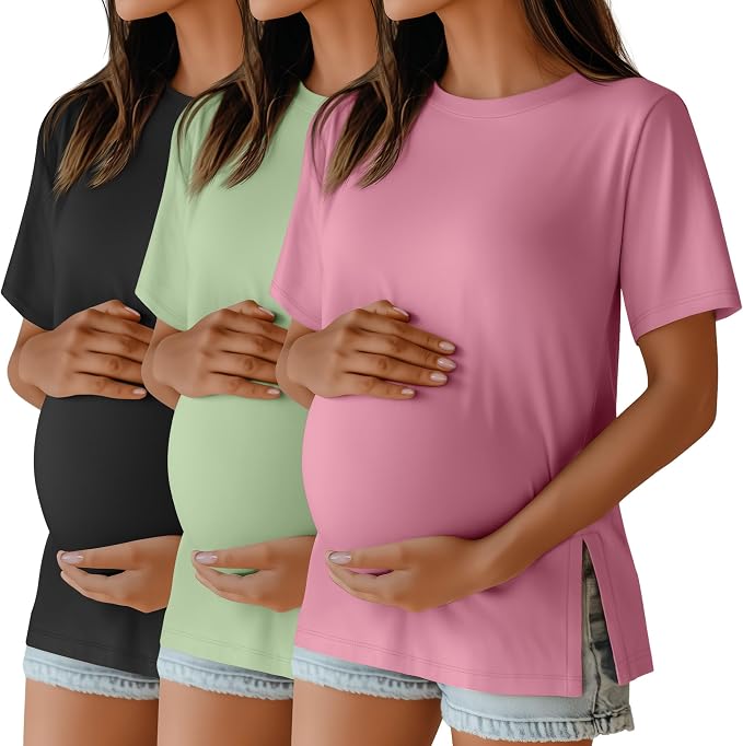 Ficerd 3 Pack Women's Maternity T Shirts, Short Sleeve Side Split Pregnancy by Ficerd