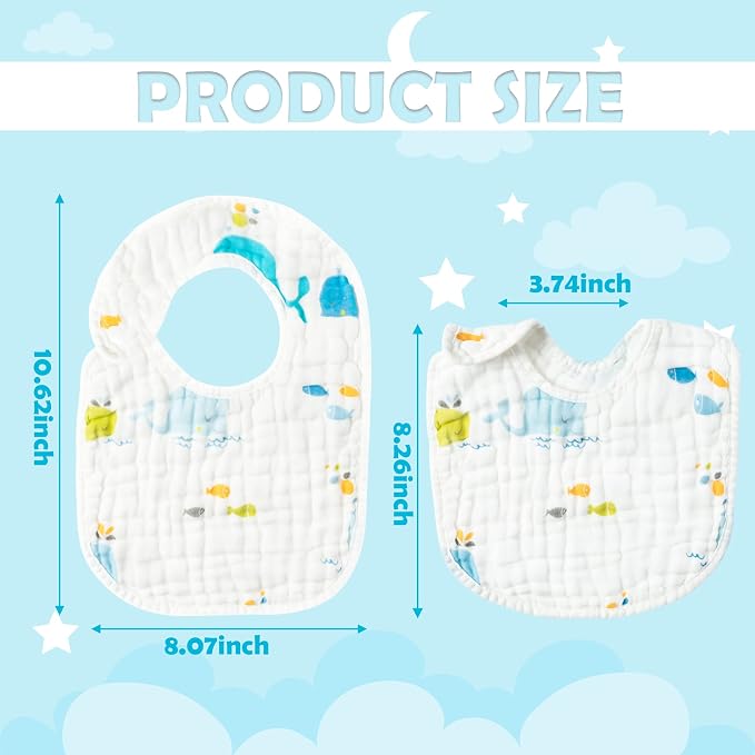 Zainpe 6Pcs Snap Muslin Cotton Baby Bibs Elephant Whale Rabbit Pattern Feeding - Image 2