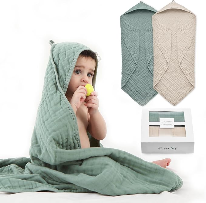 Hooded Baby Towels for Newborn, 35x35 Inch 2 Pack 100% Muslin Cotton Baby Bath by EveryNewMothersChoice