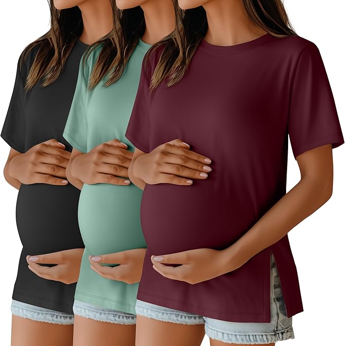 Ficerd 3 Pack Women's Maternity T Shirts, Short Sleeve Side Split Pregnancy by Ficerd