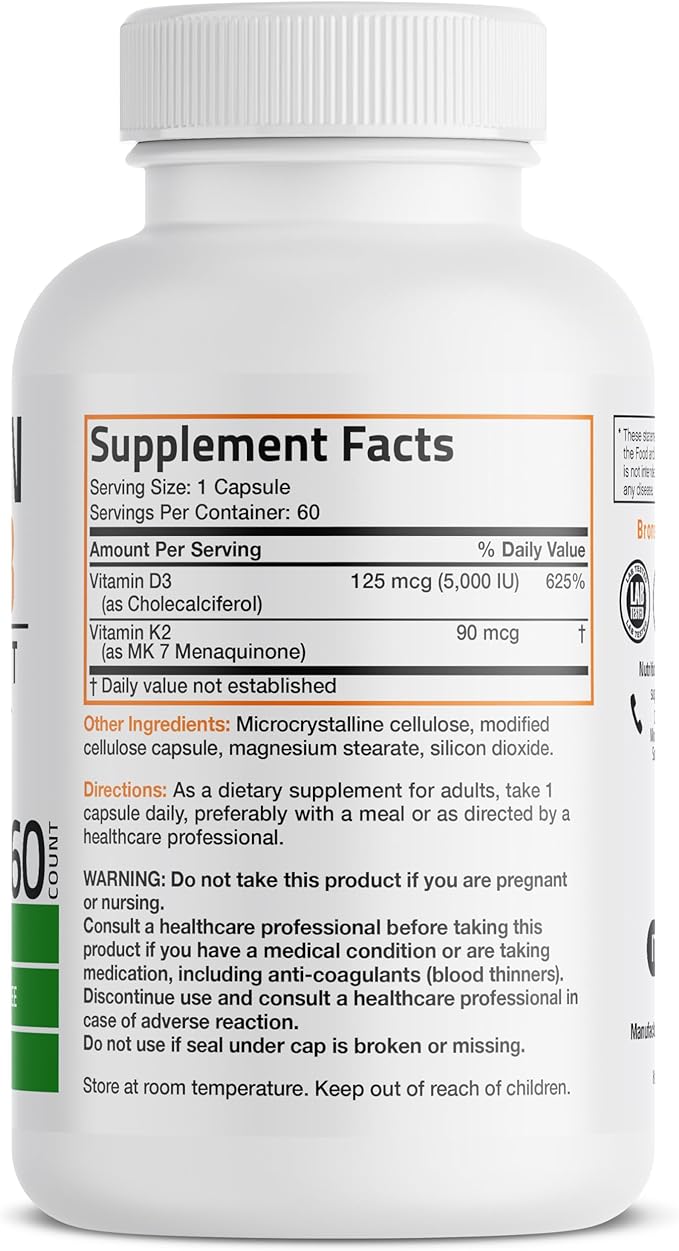 Bronson Vitamin K2 D3 Supplement Non-GMO Formula Vitamin D3 5000IU & 90 mcg K2 - Image 2