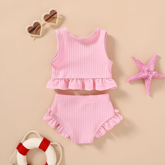 HAPPYMA Baby Swimsuit Toddler Girl Bathing Suit Summer Solid Color Bikini Set - Image 3
