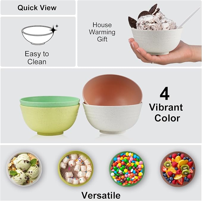10oz Wheat Straw Bowls Set of 6, Unbreakable Ice Cream Bowl Sets - Image 3