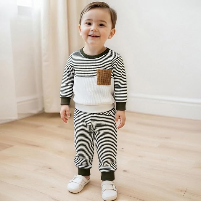 Toddler Baby Boy Fall Clothes Waffle Outfit Long Sleeve Color Blocking - Image 3