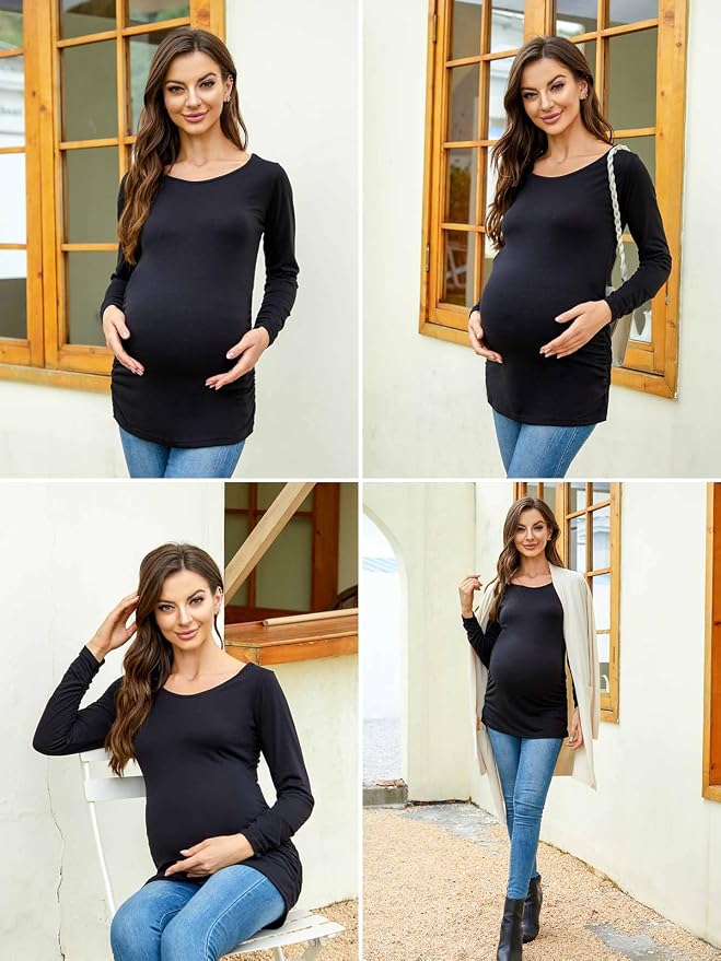 Ecavus Women's Maternity Shirts Long Sleeve Soft Stretchy Pregnancy Tops Side - Image 4