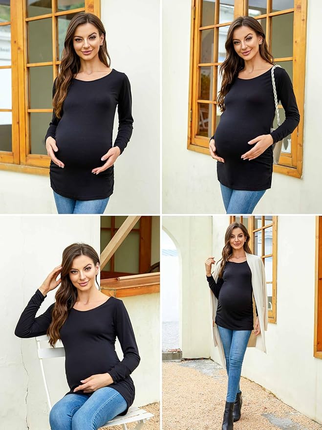 Ecavus Women's Maternity Shirts Long Sleeve Soft Stretchy Pregnancy Tops Side - Image 4