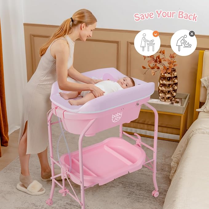 BABY JOY Baby Bathtub with Changing Table, Foldable Infant Diaper Changing - Image 7