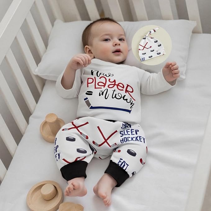 Baby Boy Hockey Outfit New Player in Town Long Sleeve Romper Long Pants Hat Set - Image 2
