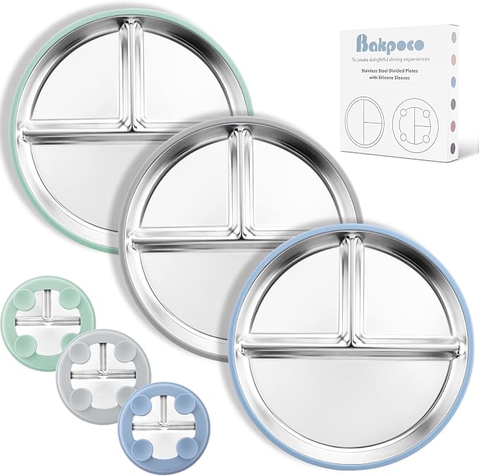 Stainless Steel Suction Plates for Toddlers, Non Toxic Non Slip Portion Control by Bakpoco