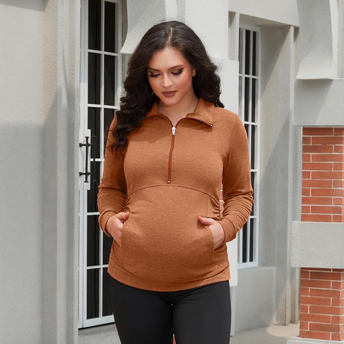 GINKANA Maternity Women's Long Sleeve Shirt Half Zipper Lapel Lightweight - Image 3
