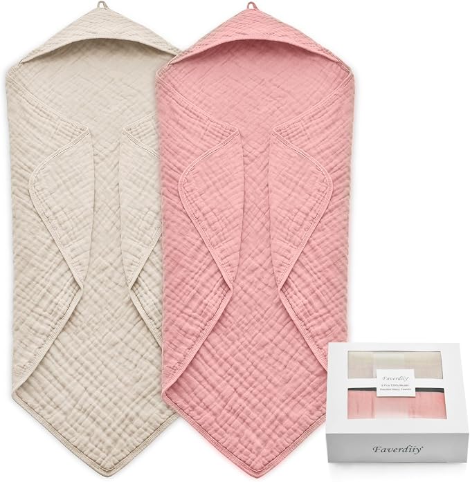 Hooded Baby Towels for Newborn, 35x35 Inch 2 Pack 100% Muslin Cotton Baby Bath by EveryNewMothersChoice