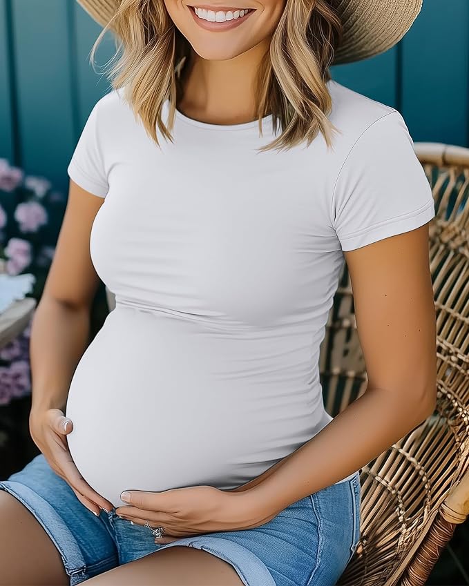 Huukeay 4 Pack Women's Maternity Shirts, Crew Neck Maternity Top Short Sleeve - Image 5