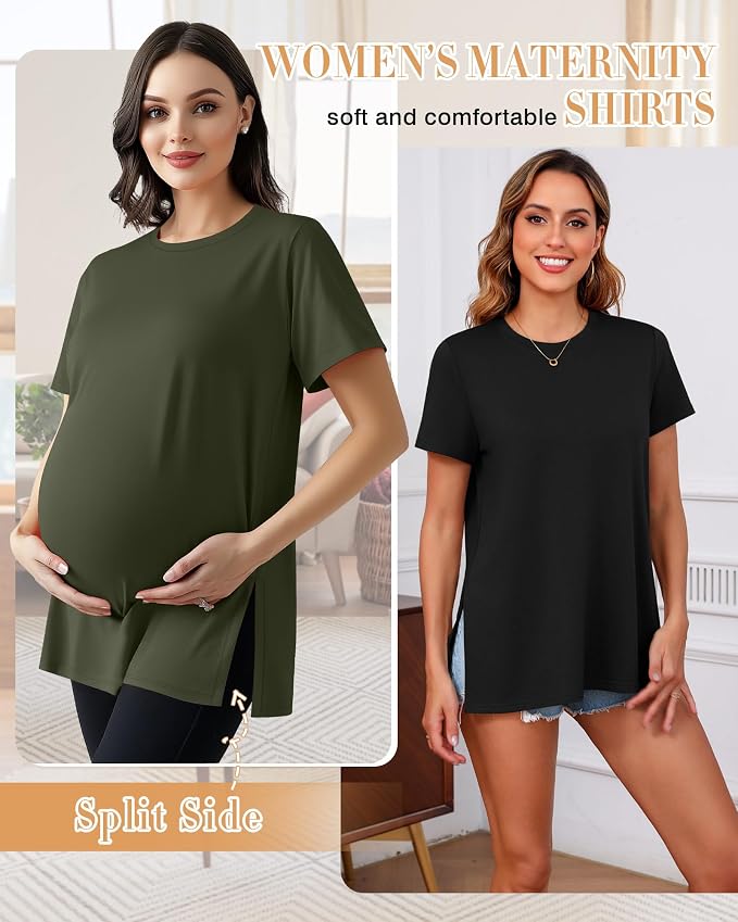 Ficerd 3 Pack Women's Maternity T Shirts, Short Sleeve Side Split Pregnancy - Image 2
