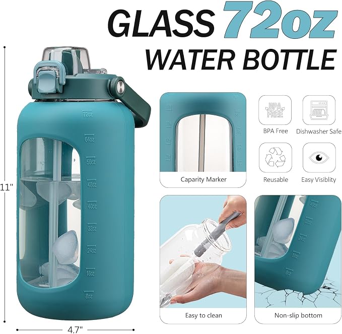 72oz Glass Water Bottle with 2-IN-1 Straw &Chug Lid, Large Motivational Glass - Image 2