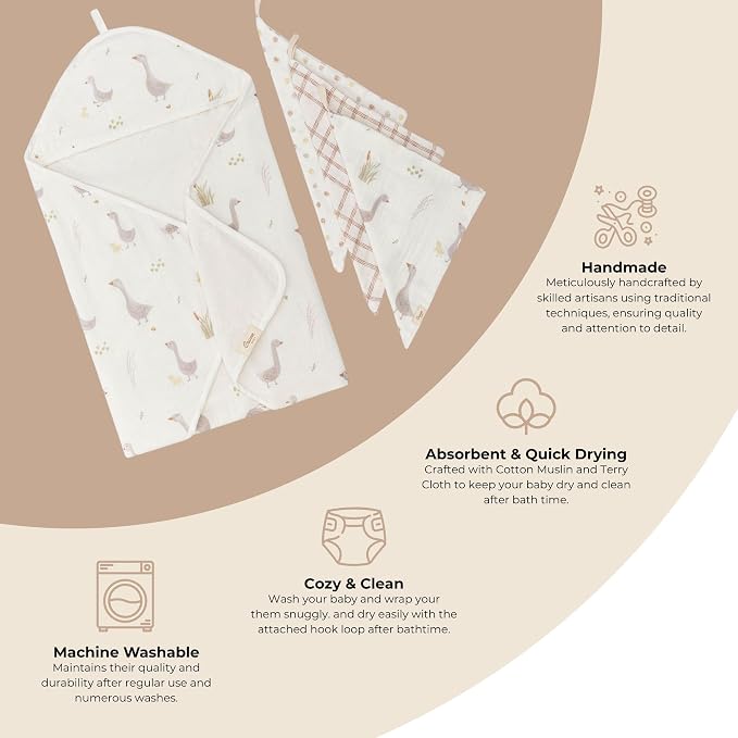 Crane Baby Hooded Towel & Washcloth Set, Charlie Farmhouse Goose Hooded Baby - Image 2