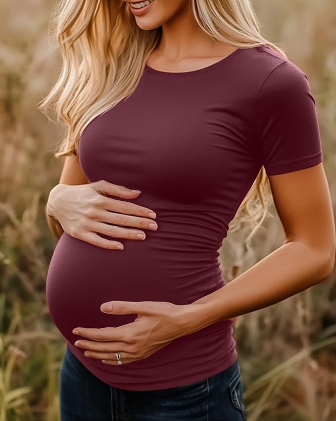 Huukeay 4 Pack Women's Maternity Shirts, Crew Neck Maternity Top Short Sleeve - Image 4