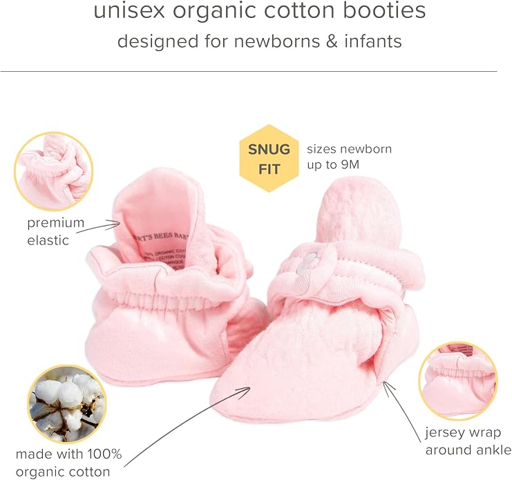 Burt's Bees Baby Unisex Booties Organic Cotton Newborn Essentials Shoes - Image 3
