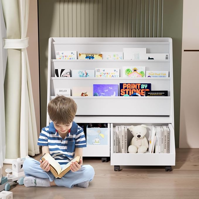 Kids Bookshelf with Two Movable Drawers Toddler Bookcase with Toy Storage - Image 8