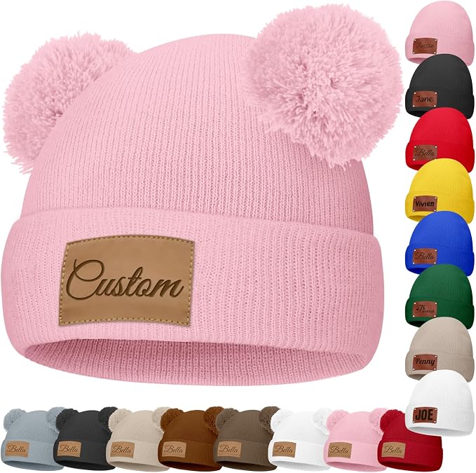 Custom Baby Beanies Personalized Toddler Winter Hats Name Leather Patch Kids by Unknown
