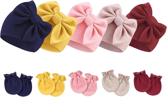BQUBO Newborn Baby Girls Hats Mittens Set Hospital Hat Beanie Infant Bow Hats by DRESHOW