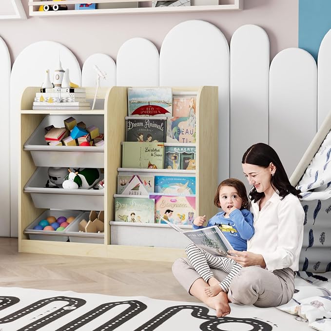 Natural Kids Wood Bookshelf Toy Storage Box Organizer Shelf W/4 Removable - Image 8