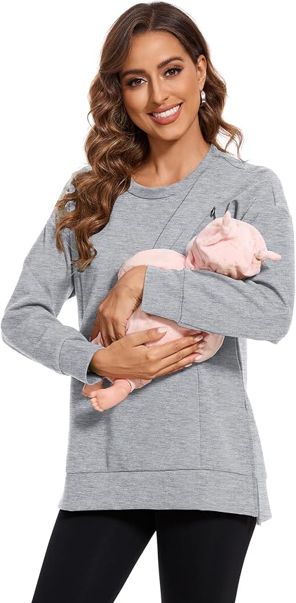 Smallshow Women's Nursing Tops Sweatshirt Long Sleeve Side Split Breastfeeding - Image 5