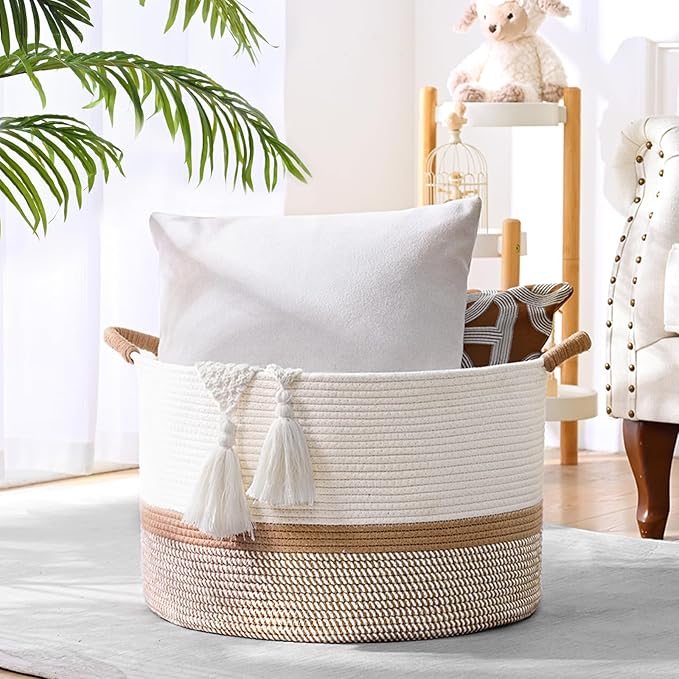 67L Large Blanket Basket, Cotton Rope Blanket Basket Living Room, Baby Laundry - Image 3
