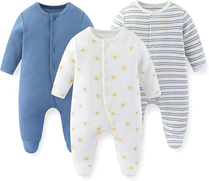 Unisex Baby Boy Girl Footies Rompers Cotton Long Sleeve 3 Pack Infant Jumpsuits by JELYLOVE